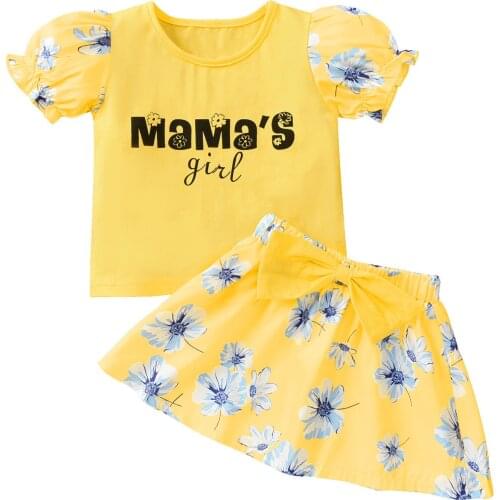 6M-5Y Casual Children Baby Girl Summer Clothing Girl Outfits Letter Short Sleeve Tops+Floral Printed Skirt Outfit 2pcs