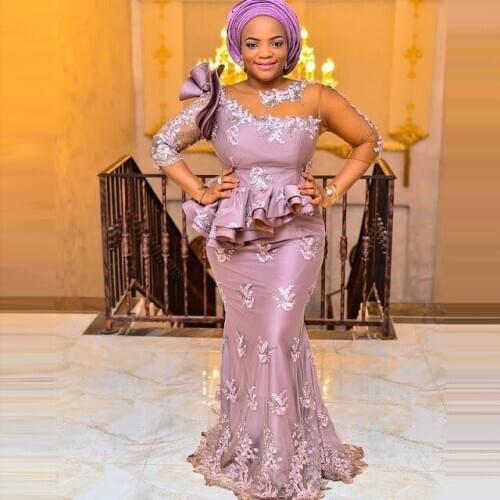 Aso Ebi Dresses Styles Mermaid With Ruffles Floor Length Appliques Three Quarter Sleeves Round Neck Nigerian Evening Gowns