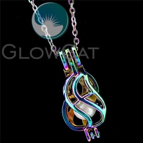 R-C903 Rainbow Color Twist Beads Cage Pendant Perfume Diffuser Oyster Pearl Cage Locket Necklace