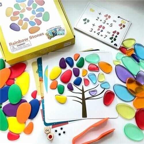 Montessori Rainbow Transparent Pebbles Jenga Kids Educational Toys Plastic Stones Stacking Game Baby Sensory Color Sorting Toys
