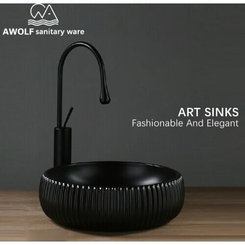 Art Bathroom Sinks 40*40*13cm Handmade Ceramic Vessel Matte Black White Lavatory Sink Round Washing Basin Bowl AM901