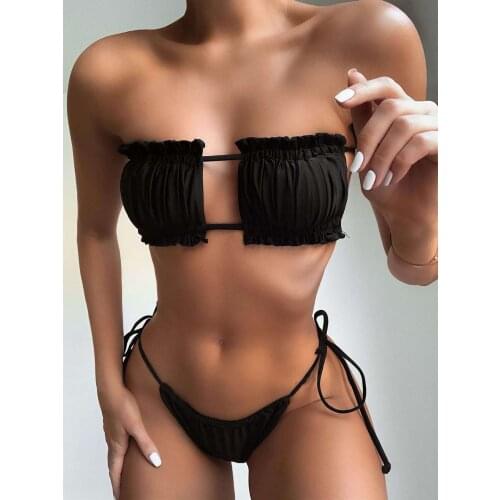 Sexy Bikini Pleated Swimsuit Swimwear Wire Free Women Small Thong Bikinis Set Beachwear Backless Swimming Suit