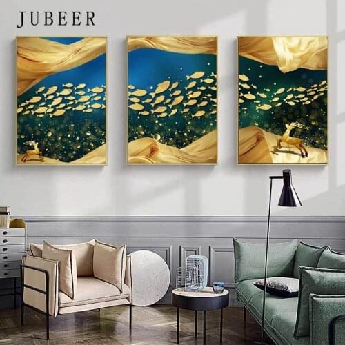 Nordic Style Abstract Canvas Painting Line Golden Color Paintings on The Wall Pictures Bedroom Decoration Poster for Living Room