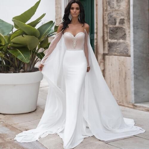 2021 New Mermai Wedding Dresses Illusion O Neck Off Shoulder Backless Detachable Shawl Beading Appliqued Crystal Bridal Gowns