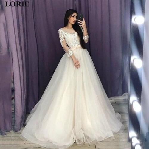 LORIE A Line Wedding Dresses 3/4 Long Sleeve Lace Princess Bride Gowns vestidos de novia Custom Made