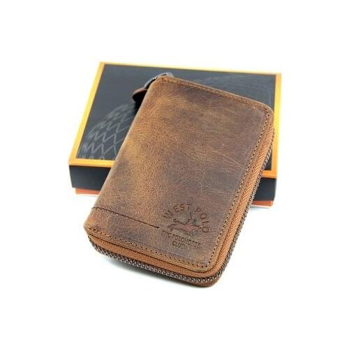 Tan Unisex Zippered Vintage Crazy Genuine Leather Wallet Card Holder
