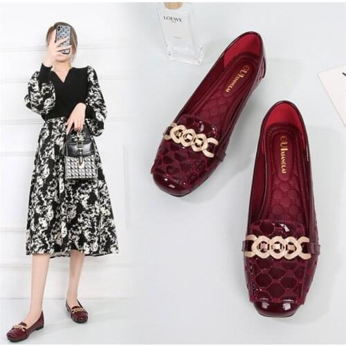 2020 Women Fashion Flats Shoes Square Toe PU Leather Shoes Women Loafers Woman Ballet Flats Shoes Girls Cute Golden Shoe 42