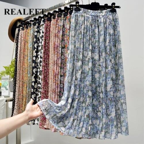 REALEFT Summer Skirts Womens 2021 New Vintage Floral Print Chiffon Pleated Skirt Elastic High Waist Female Casual Mi-long Skirt