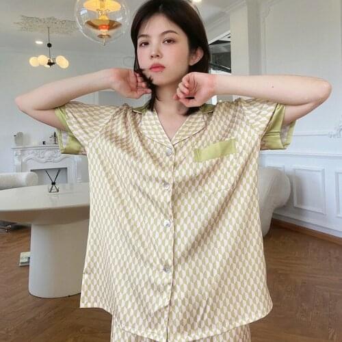 Women Green Plaid 2Pc Sets Outfits Sleepwear Lapel Satin Pajamas With Trousers Short Sleeve Nightwear Suit Casual Loungewear