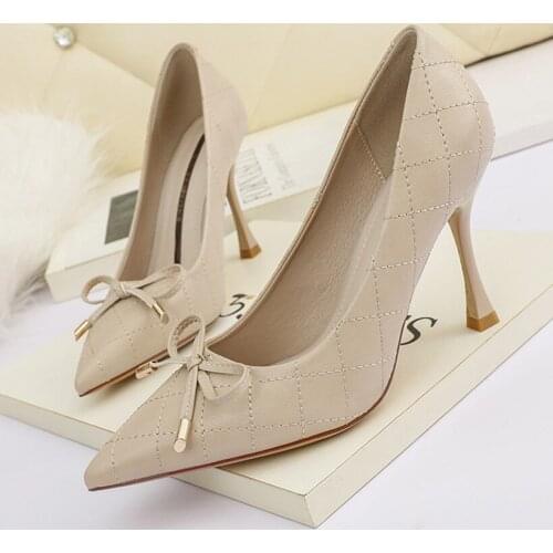 2021 New Pointed Toe Women Wedding Pumps Sewing Bow Thin 9cm High Heels for Ladies Dress Office Shoes Solid Party Female Shoes