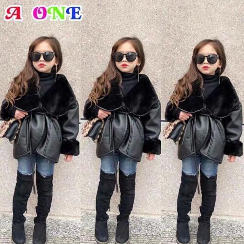 Winter baby girls PU Coat kids coat toddler jackets fashion PU bomber jacket Motorcycle jacket Fur outwear for girls