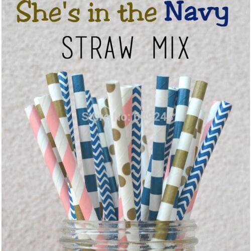 125pcs Mixed Colors Shes In the Navy Baby Pink Navy and Gold Paper Straws,Vintage Retro Parties, Birthdays, Gifts