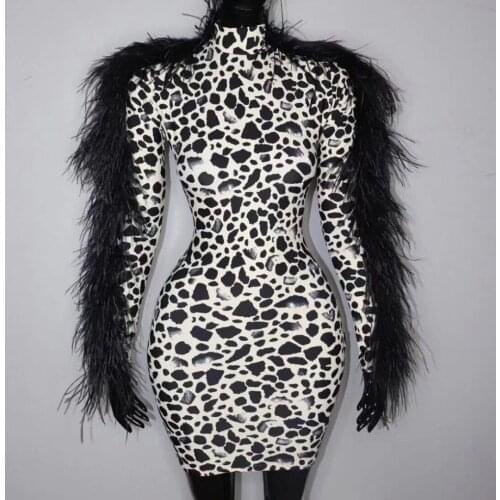 2019 Leopard Spandex Stretch Dress Birthday Party Celebrate Black Feather Dress Women Singer Nightclub Dance Outfit Dress