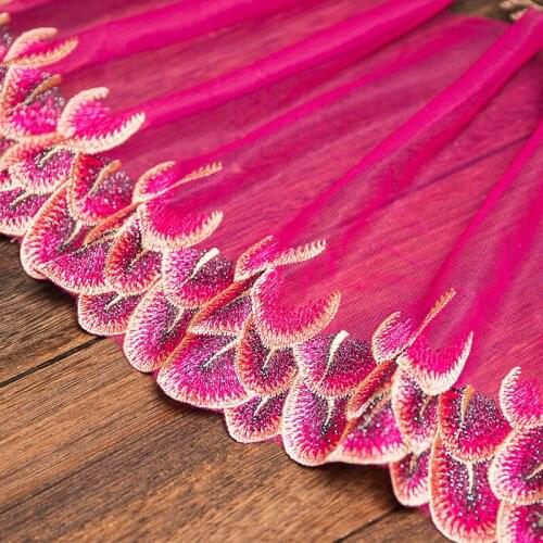 4 Yards Peacock Embroidery Colorful Feather Tail Fabric Gown Appliques Lace Fabric Red Mesh Sew Patch For Wedding Decoration