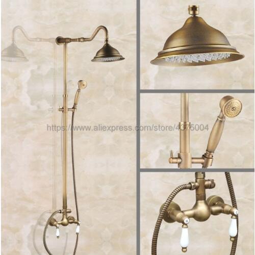Antique Brass Wall Mounted Shower Faucet Bathroom Rainfall Shower System Set Faucet With Handheld Sprayer Nan511