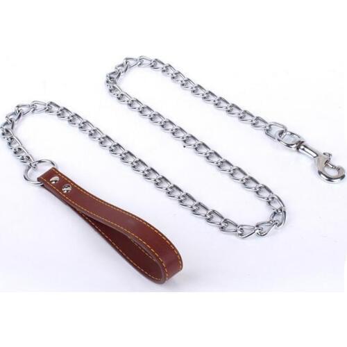 Free Shipping PU Leather Handle With iron Chain dog leash Anti-Bite Metal Dog Chain lead pet traction rope for Dog Pet Leash