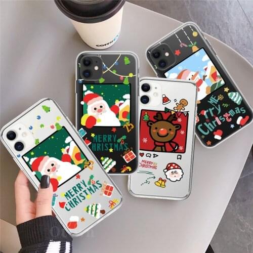 Ottwn Christmas Cartoon Santa Claus Elk Phone Case For iPhone 11 12 Pro Mini X XR XS Max 7 8 6 6s Plus SE 2020 Clear Soft Cover