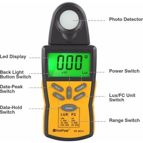 Digital Lux Meter Photometer Illuminometer Spectrophotometer High Precision Light Meter 200,000 LUX/FC,HP-881C