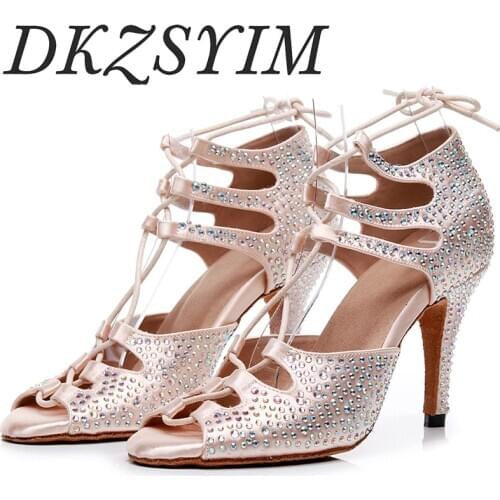 DKZSYIM Women Latin Dance Shoes Salsa Ballroom Dancing Shoes Ladies / Girls High Heels Summer Rhinestone Sandals Adjust Instep