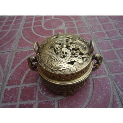 Beautiful Old Ming Dynasty Copper Incense Stove\Censer,Pierced carved dragon&phoenix,Free Shipping
