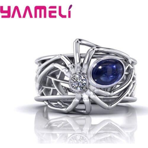 925 Sterling Silver Creative Spider Ring European Punk Cobweb Ring Blue Zirconia Wedding Band Jewelry Anel Anillos Free Shipping