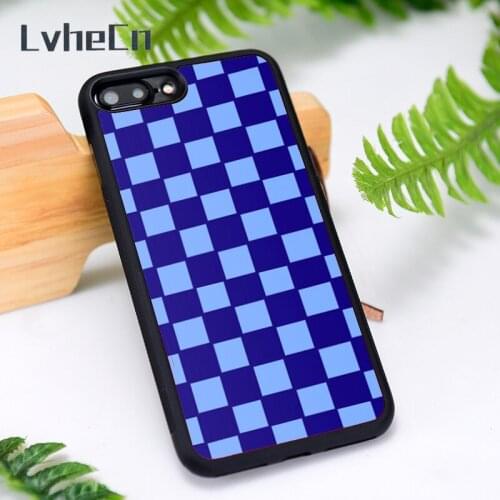 LvheCn Silicone Rubber Phone Case Cover for iPhone 6 6S 7 8 Plus X XS XR 11 12 Mini Pro Max Blue Checkers