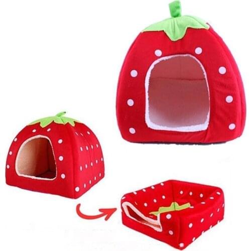 Cute Strawberry House Nest Dog House Soft Pink Cat Rabbit Bed House Kennel Doggy Warm Washable Cushion Baskets for Puppy Home
