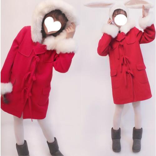 Cute New Year Christmas Womens Winter Coat Fur Trim Bows Button Wool Blend Warm Outwear Lolita