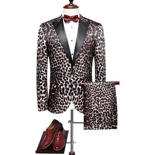 Vintage Leopard Printed Suit Set Slim Fit Prom Blazer Dress Suit Men Original Business Stage Costume Homme Wedding Party Suits