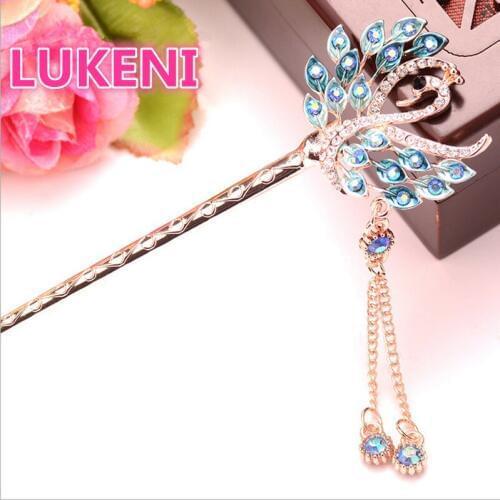 NEW luxurious fashion design peacock shape tassel Zircon Hair sticks Fashion jewelry For women Free shipping HBFZ-003