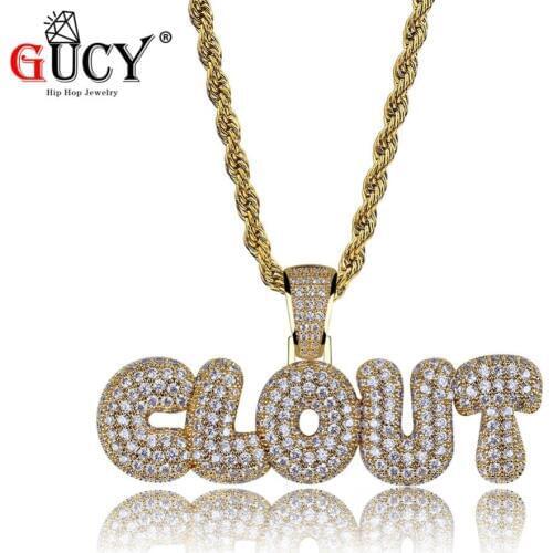 GUCY Hip Hop CLOUT Bubble Letter Pendant Necklace Brass Gold Silver Color All Iced Out Micro Pave CZ Charm For Men Women Gifts