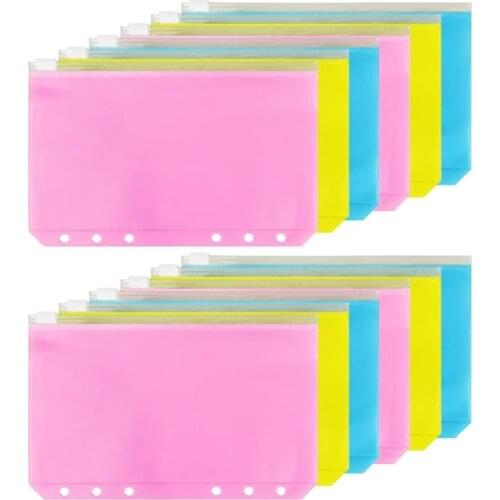 12Pcs Binder Pocket A6 Size 6 Holes Binder Zipper Folders for 6-Ring Notebook Waterproof Binder Loose Leaf Bags