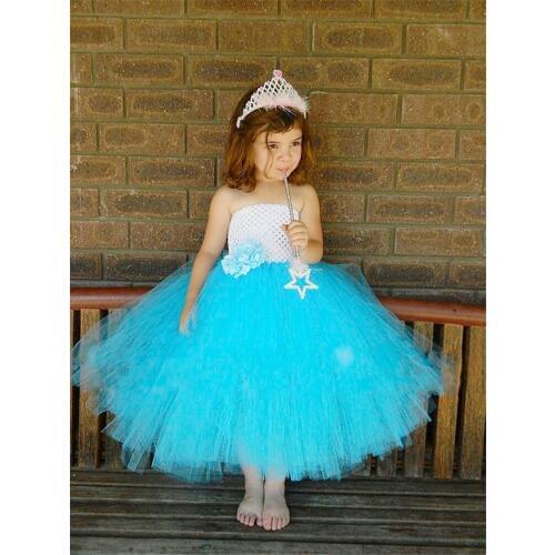 Cute Girls White Blue Crochet Tutu Dress Kids Fluffy Corset Tulle Tutus Ball Gown with Peony Flower Children Wedding Party Dress