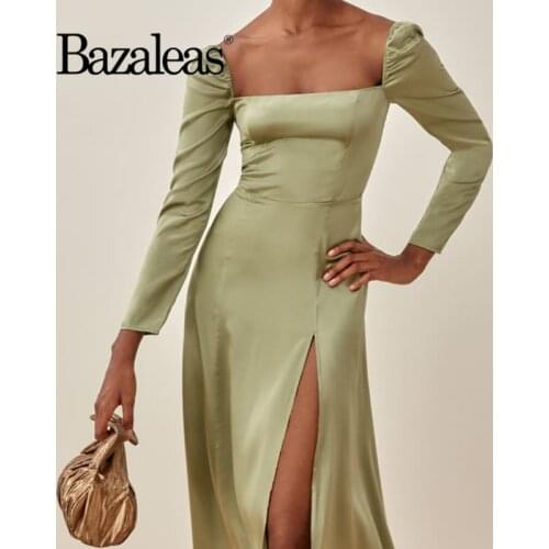 2021 Retro Green Collar Long Sleeve Women Midi Dress Elegant Dresses Sexy Like Silk Satin Split Vestidos