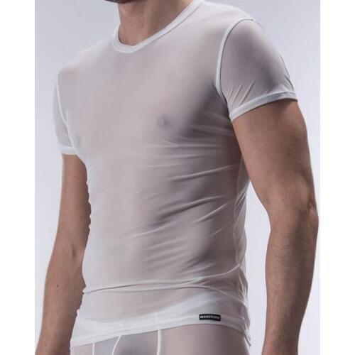 Casual Solid Tight Sexy Mens Fitness Super Thin Shapewear Transparent mesh See Through Short Sleeve T shirt Tops Tees Undershirt