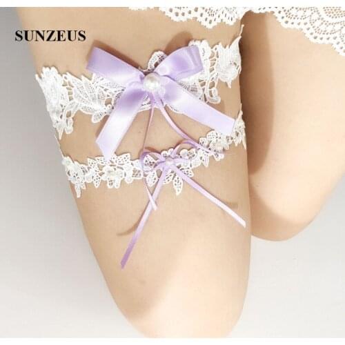 Purple Bow Charming Bridal Thigh Ring with Pearls 2 Pieces a Set Wedding Garters White Lace Bridal Leg Garter