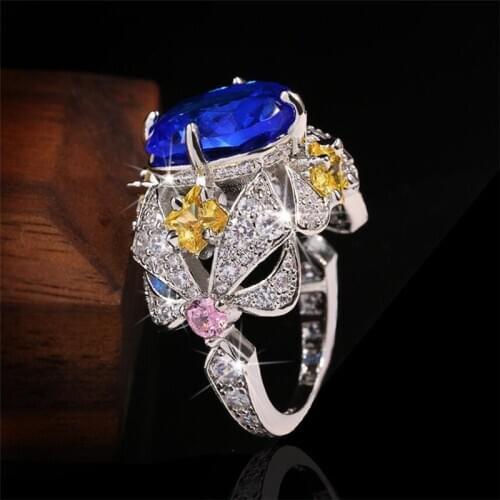 Size 6-10 Stunning Luxury Jewelry 925 Sterling Silver Blue Sapphire Multi CZ Diamond Promise Party Women Wedding Bridal Ring Set