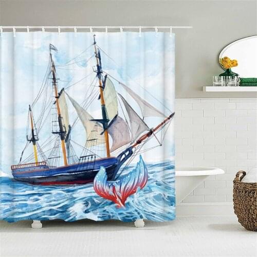 Cartoon Style Sailboat Shower Curtains Cute sea animals Waterproof Polyester Fabric Bathroom Curtains For Home Decor