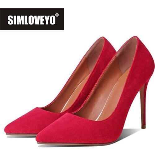 SIMLOVEYO New 2021 Women Pumps 10cm High Thin Heel Flock Sexy Stylish Classic Exotic Luxury Big Size 34-43 Date Party B2461