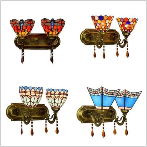 Mediterranean blue bedroom bedside lamp stained glass retro pastoral bar hotel 2 heads crystal wall lamps