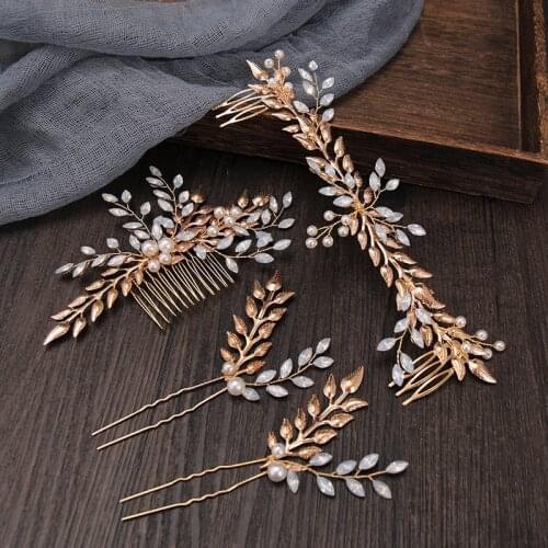Vintage Gold Color Tiaras Hair Combs With Hairpins Sets Crystal Leaf Rhinestone Pearl Headpiece Wedding Bridal Hair Accessories