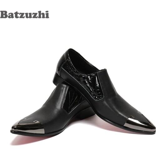 Batzuzhi Fashion New Mens Shoes Pointed Iron Toe Black Genuine Leather Men Dress Shoes Oxfords Formal Business Zapatos Hombre