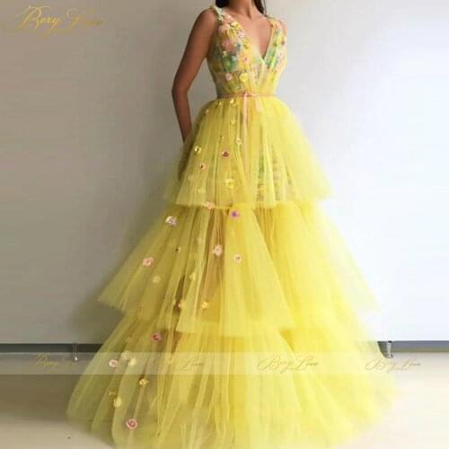 Yellow 3D Flowers Prom Dresses Long 2021 Sleeveless Double V Neck Tiered Formal Evening Dress Small Belt Layers Party Ball Gown