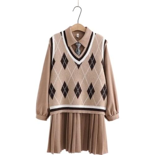 Autumn Winter Sweet Style 2 piece set women Loose V-neck waistcoat woolen Vest sleeveless student sweater + shirt dress 2012349