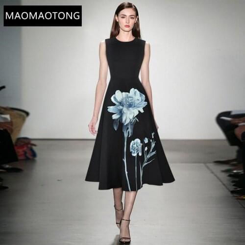 2021 Designer Runway Summer Dress Women O-neck Fashion Sleeveless High waist Floral print Black Elegant Midi Dress