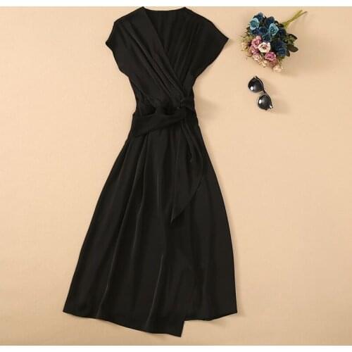 High Quality Brand Black Dress 2021 Summer Women V-Neck Pleated Patchwork Short Sleeve Mid-Calf Length Large Swing Dress Vestido