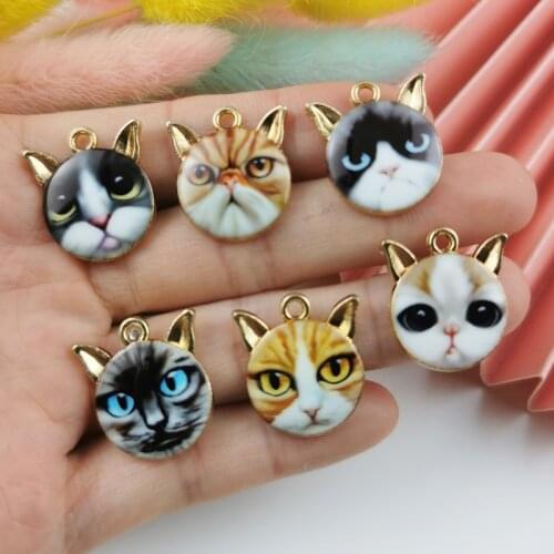 10pcs/pack Lovely Cartoon Cats Head Enamel Metal Charms Round Shaped Earrings Pendants Fit DIY Fashion Jewelry Making Accessory