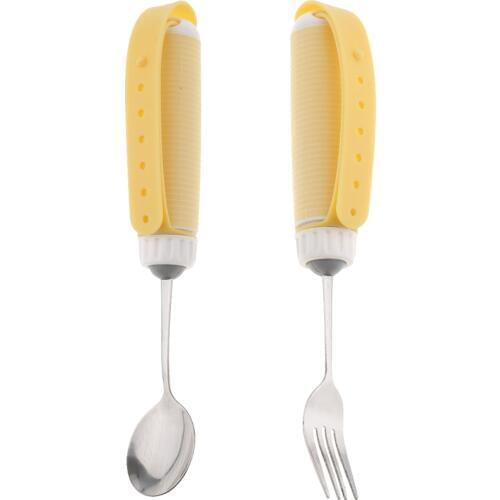 2pcs Arthritis Elderly Parkinson Adults Kids Utensil Eating Meal Spoon Fork Kit - Steel & Silicone- Non Weighted Non Slip Design