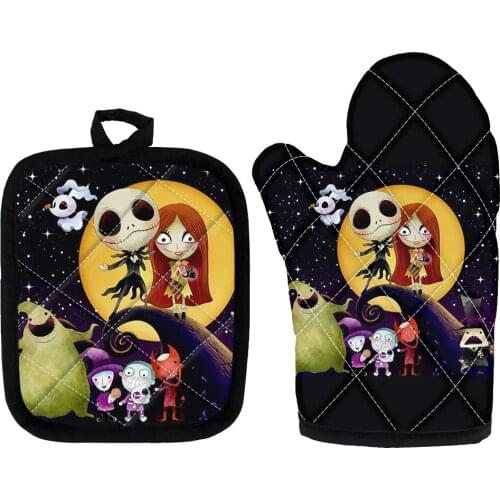 2pcs/Set Kitchen Oven Mitts And Pot Holders Sets, Insulation Mat Jack And Sally Printting Heat Resistant Cooking Gloves And Pad