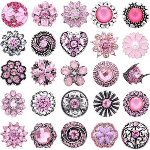 5pcs/lot New Snaps Jewelry Pink Rhinestone Flower 18mm Metal Snap Buttons Fit Metal Leather Snap Bracelet Necklace Charm Jewelry
